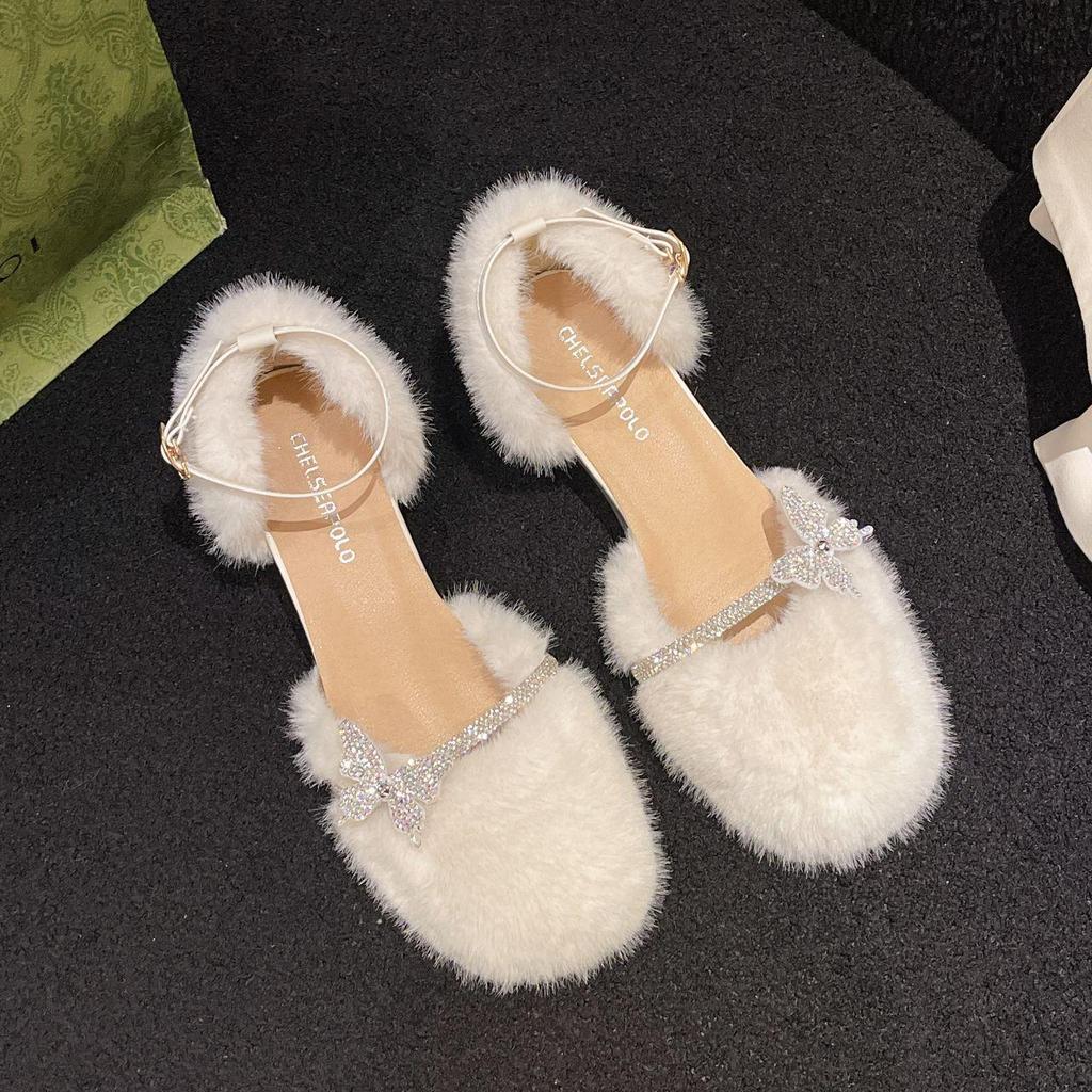 Rhinestone Fuzzy Mary Janes - Women's Autumn/Winter 2025 Chunky Heel Closed-Toe Sandals