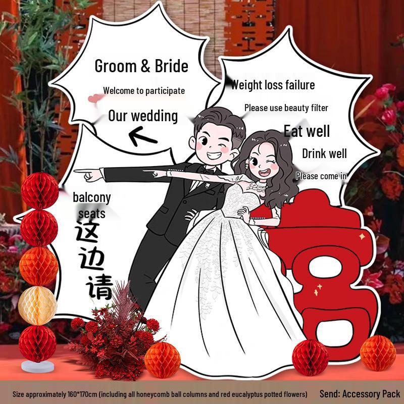 Welcome Sign Wedding Standee: Hand-Painted Cartoon Figure Poster Board for Event Decoration