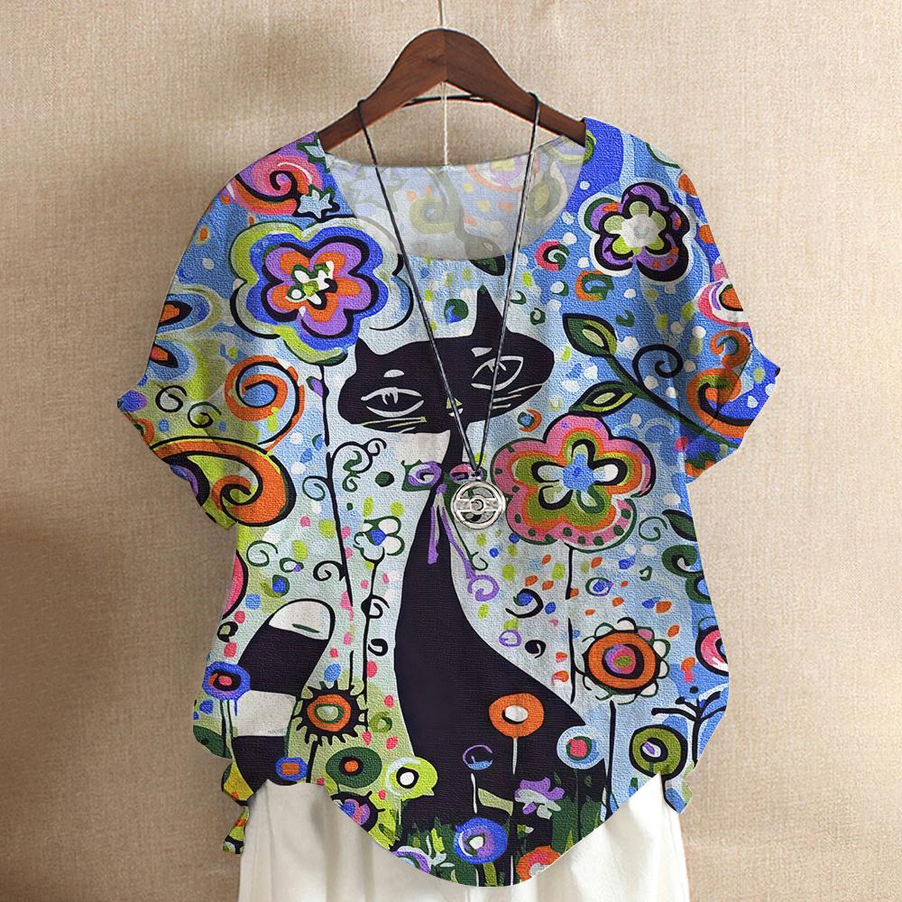 Maglietta da donna con gatto dei cartoni animati, camicetta Harajuku, scollo a V, manica corta, oversize, casual, pullover, estate, magliette carine, abbigliamento femminile