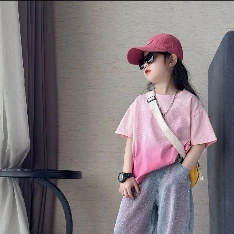 Girls' Summer Set Tie Dye Short Sleeved Rhinestone Embellished Slim and Wide Leg Jeans Fashionable and Casual Two-piece Set Fashionable