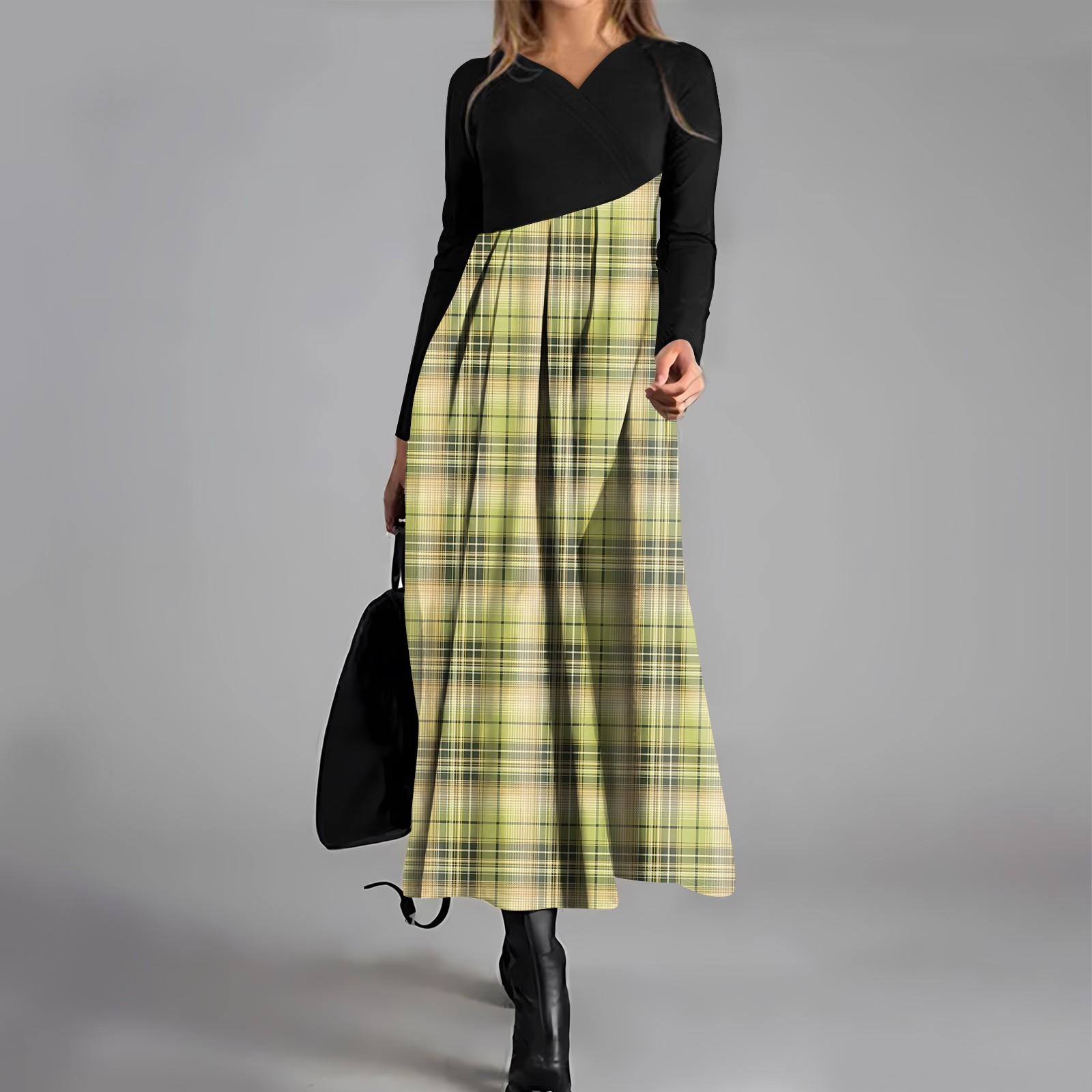 

Женское повседневное платье с V-образным вырезом, длинными рукавами, клетчатым принтом, карманом на талии и свободным кроем XL жёлтый