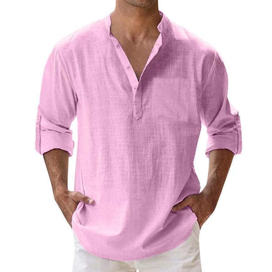 Herren Sommer Casual Locker sitzendes Stehkragen Einfarbig Langarm Baumwollhemd, Übergröße verfügbar