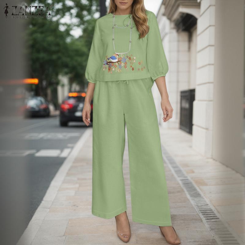 ZANZEA Damen 3/4-Ärmel Print Bluse und Hose Lässige zweiteilige Anzugsets