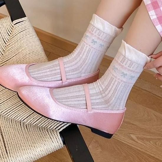 Retro Fair Isle Ruffle Bow Mid-Calf Socks for Women - Cute Lace Academy Style Slouch Socks