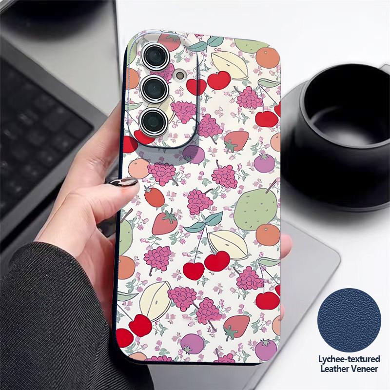 Cherry Fruits Print Case For Samsung S26 S25 Ultra S24 S23 S22 S21 FE A15 A35 A55 A16 A36 A56 A17 A18 A37 A57 5G Leather Texture Soft Cover