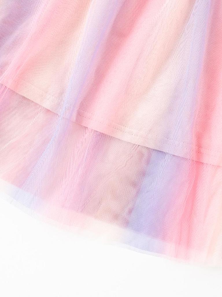 26-year Spring/Summer Kids' Rainbow Mesh Dress - Sweet Print, Round Neck, Short Sleeve, In Stock
