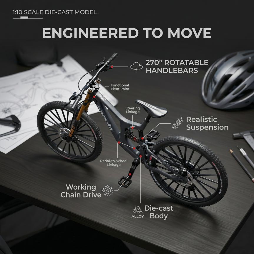 1:10 Scale Full Alloy Frame Downhill Mountain Bike Model Full Suspension Diecast Collectible Miniature Realistic Toy Gift Decor