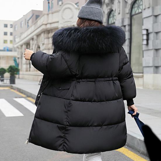 Dámská zimní bunda s chlupatou kapucí Zesílený vycpaný péřový kabát Stahovací šňůrka v pase Zip Zapínání ve střední délce větruodolný Bavlněný kabát do chladného počasí