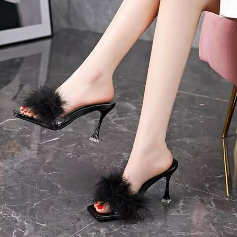 

Мода 2025 Лето Новые Сексуальные Шлепанцы с Перьями Женские Прозрачные Высокие Каблуки Шпилька Пип-То Мюли Женские Шлепанцы 34 чёрный