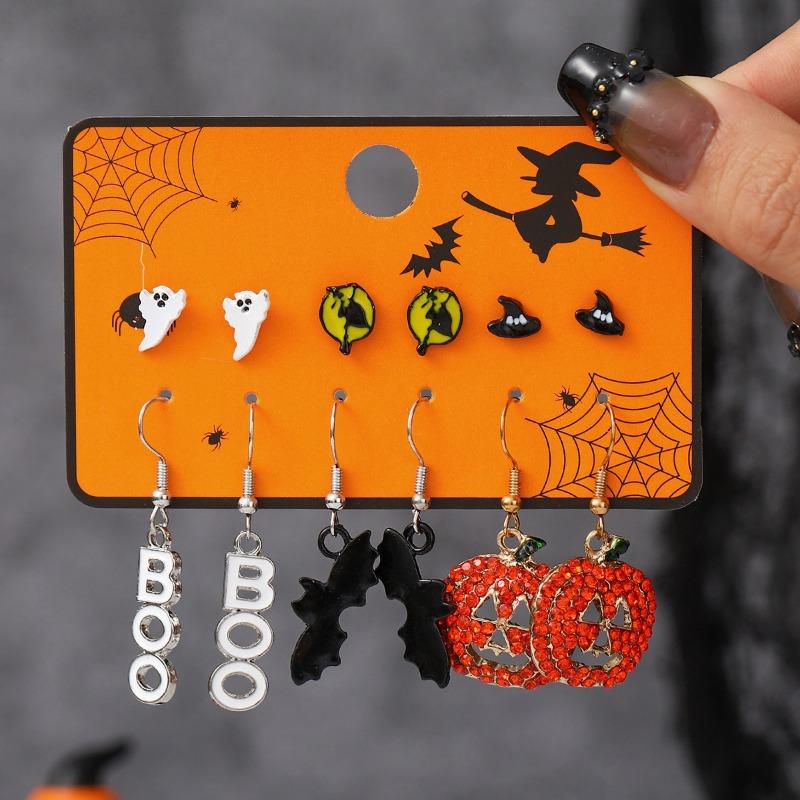 Hot Sale Halloween Stud Earrings Combination Cartoon Funny Pumpkin Head Ghost Bat Element Stud Earrings Set