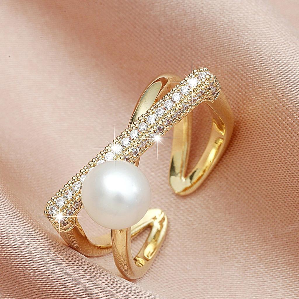 Simple and fashionable commuter style ring women's pearl inlaid zircon ring open ring fashion temperament niche