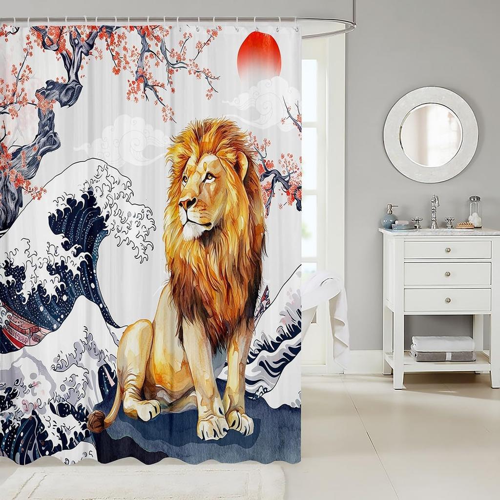 Cartoon Lion Shower Curtain for Kids Boys Girls Japanese Style Waterproof Bathroom Curtain, Vintage Ukiyoe Bath Curtain Ocean