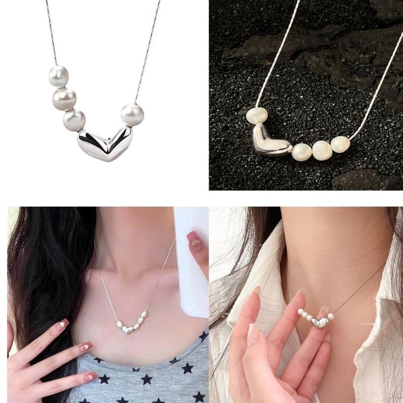 Colier elegant cu pandantiv cu perle și inimă, lungime reglabilă, lanț pentru claviculă, bijuterii la modă pentru gât pentru femei