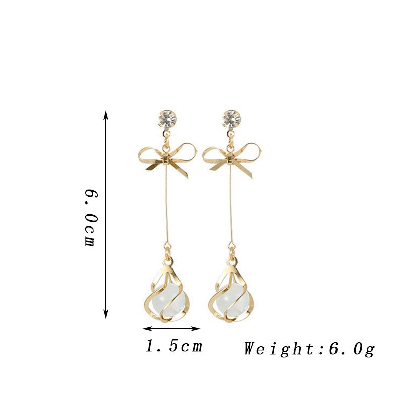 Fashion Round Opal Bead Dangle Earrings for Women Party Rhinestones Hollow Out Bow Knot Drop Earrings Golden Party Long Jewelry