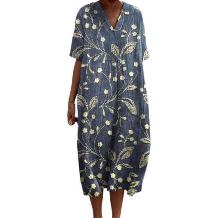 Vintage Floral Print Bohemian Summer Dress Women Loose V Neck Short Sleeves Knee Length A Line Beach Dating Midi Dress