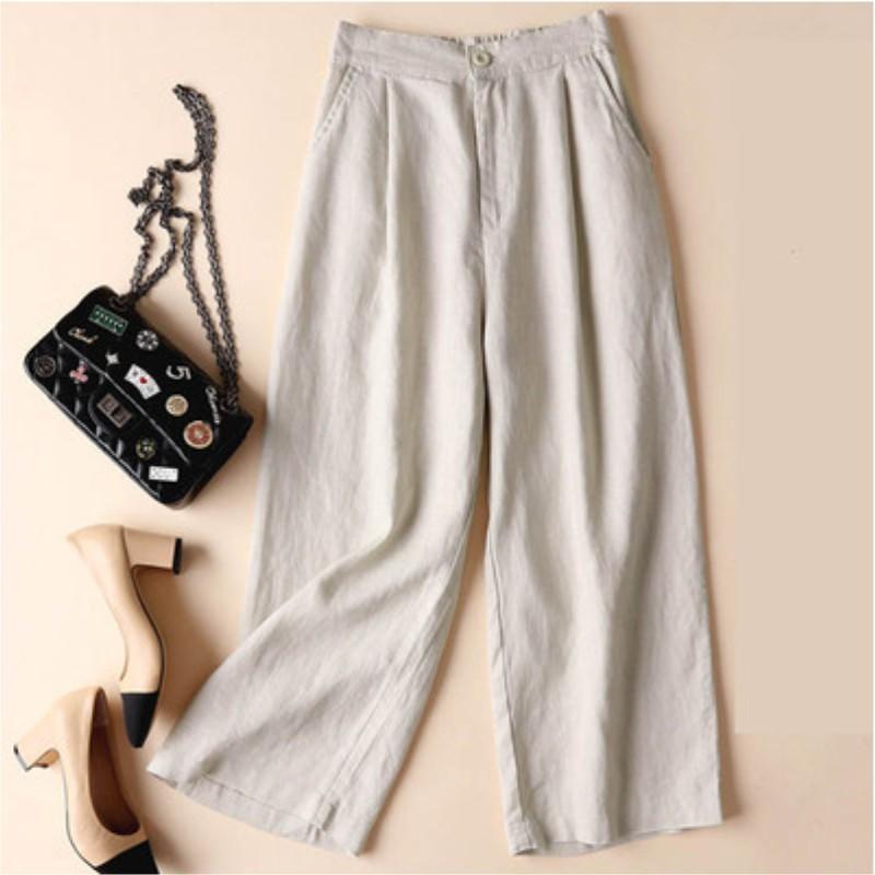 Women's Summer Wide-leg Pant Loose Cotton and Line Casual Pants