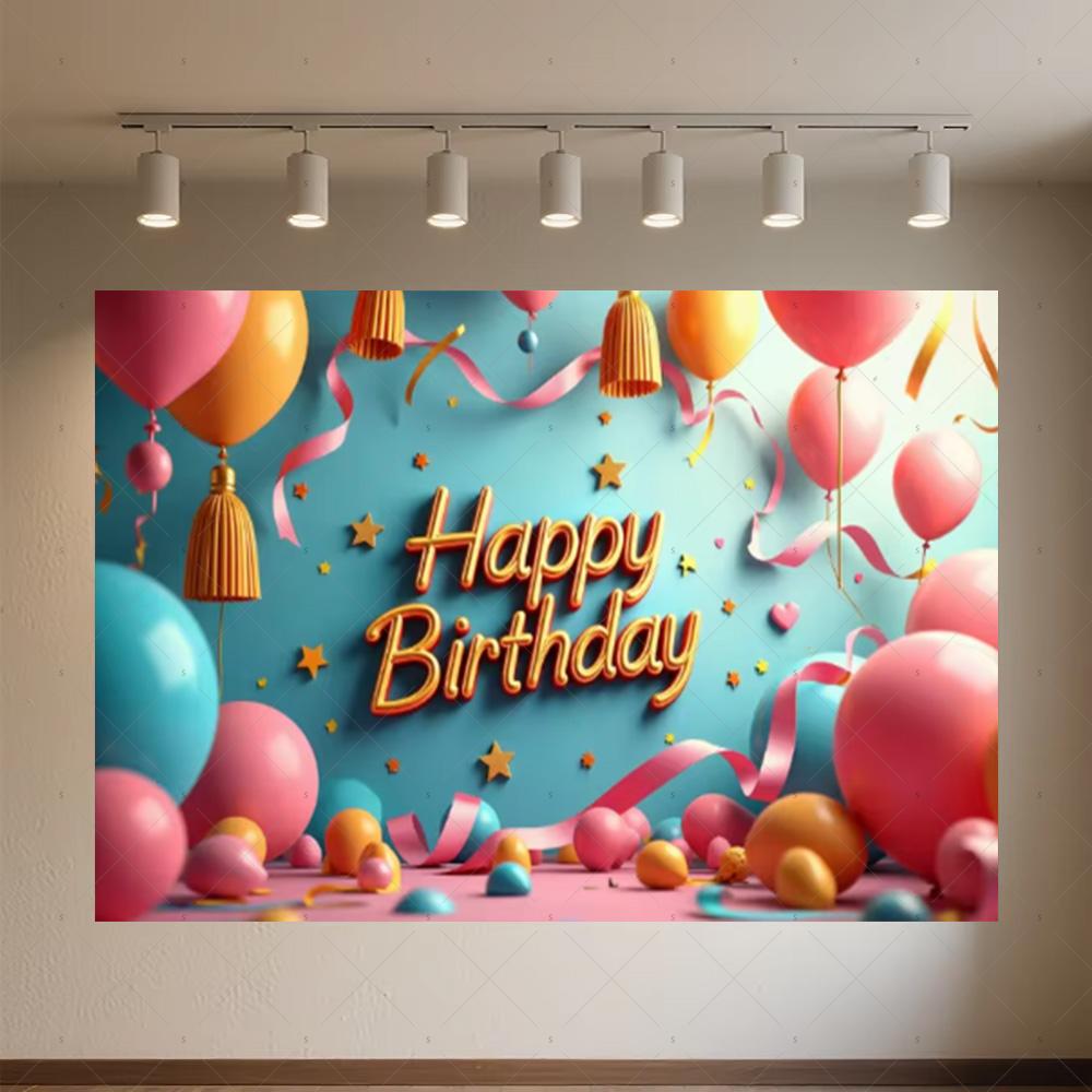 Colourful Happy Birthday Theme Backdrop Supplies 3D Ballon Background Banner Kids Birthday Party Decorations Photo Shoot Props