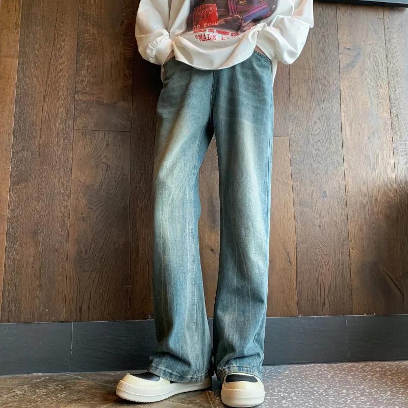 High Street Vintage Hole Loose Trousers Autumn Winter High Waist Denim Pants Men's Clothing Wide Leg Stylish Distressed Jeans