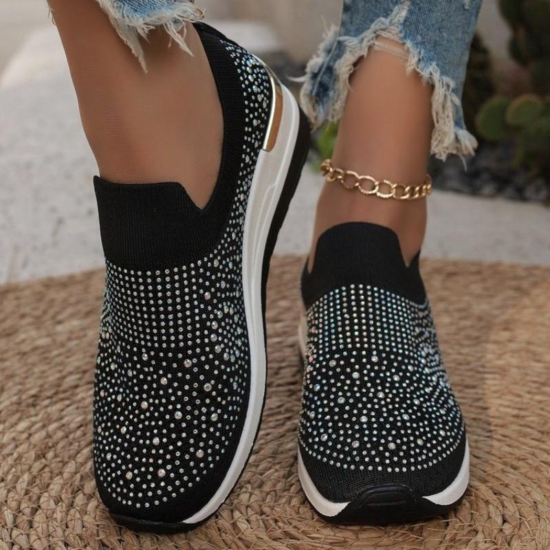 Fashion Rhinestone Women Shoe Casual Sneakers Wedge Flat Loafers Spring Summer New Knitted Single Shoes Adult Ladies Plus Size