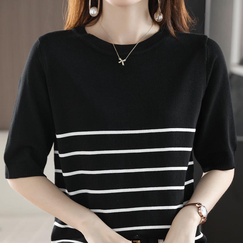Striped Round Neck Knitted T-shirt for Women In Summer Contrasting Color Loose and Versatile Outside Wear Slim Ice Silk Knitted Short Sleeves