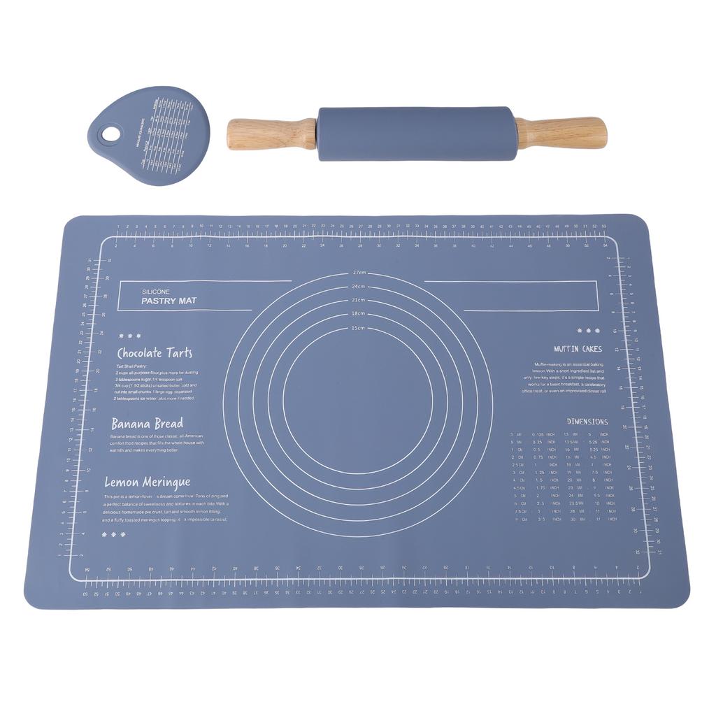 Rolling Pin Pastry Mat Set With Measurements Cutter Anti Slip Thick Silicone Baking Dough Rolling Sheet for Pizza Pies