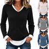Women's V Neck Fake Two Piece Tops Long Sleeve  Ribbed Shirts Trendy Color Block Going Out Dressy Clothes