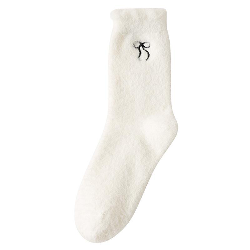 White Bow Socks Women'S Medium Tube Australian Velvet Plush Thickened Warm Home Confinement Socks Plush Floor Socks