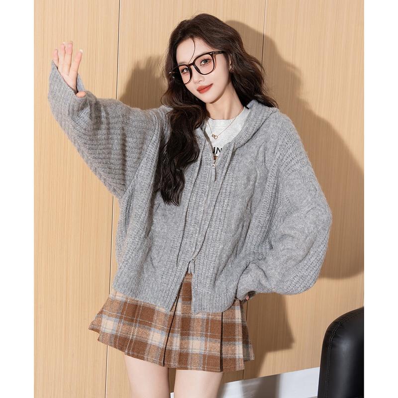 TonLion Women's Hooded Cable Knit Zipper Cardigan