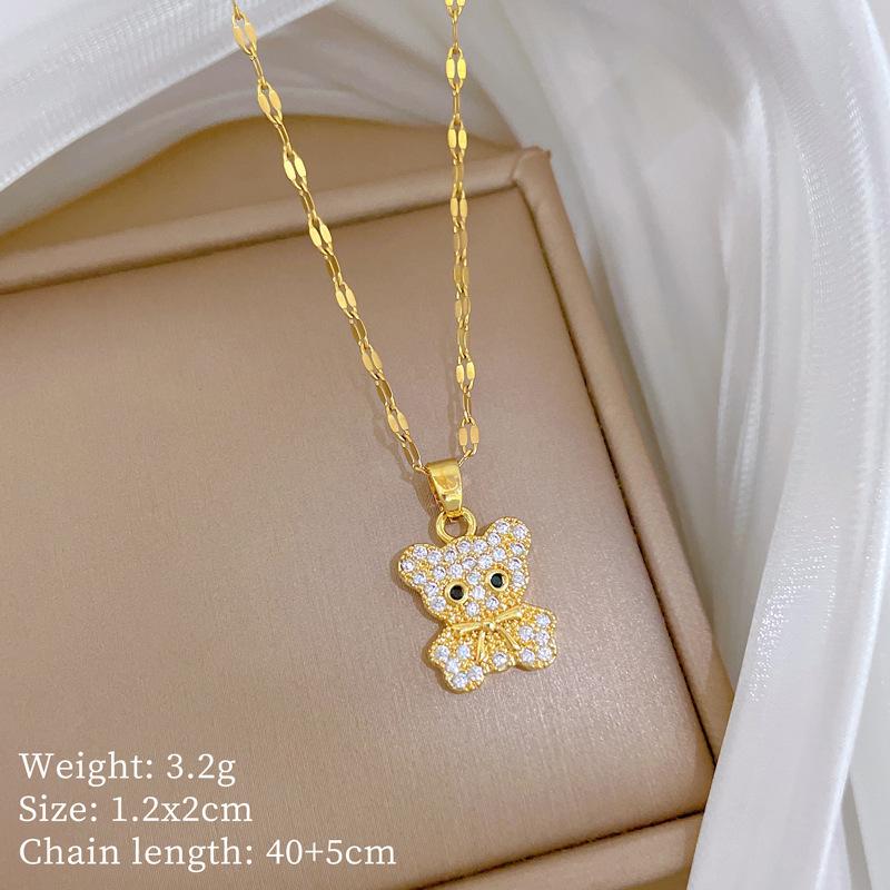 Light Luxury Cute Bear Full Of Zirconium Inlaid Real Gold Necklace Women'S Transfer Collarbone Chain With Jewelry