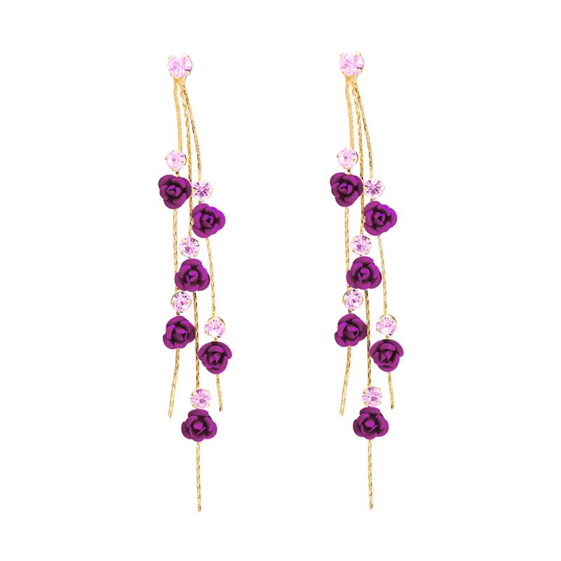 Temperamental Woman 2025 Trendy Multicolour Rose Flower Earrings Alloy Rhinestone Long Tassel Elegant Eardrop Party Jewelry Gift