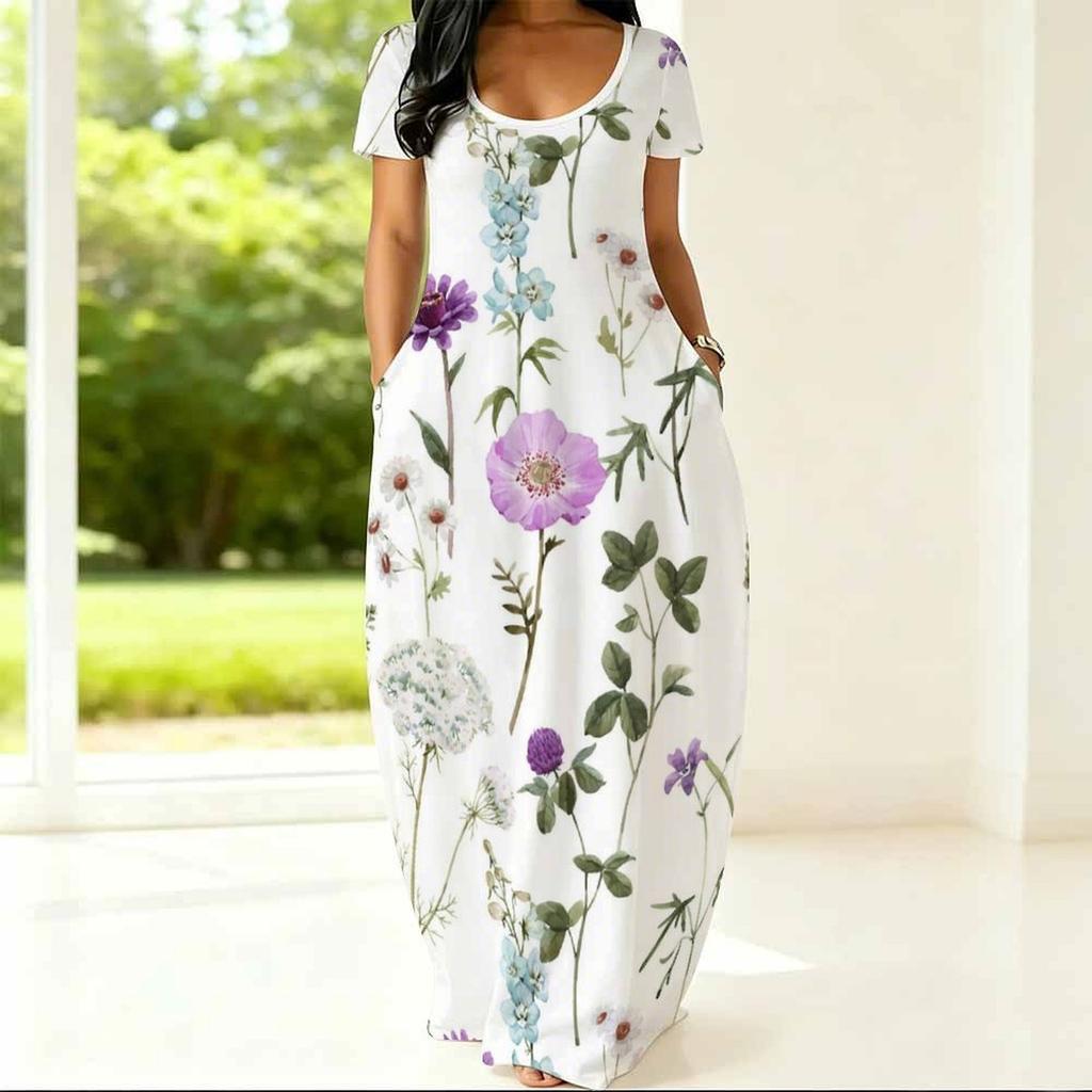 Women Loose Fitting Round Neck Dress Short Sleeve Plus Size Apparel For Summer Casual Daily Activities