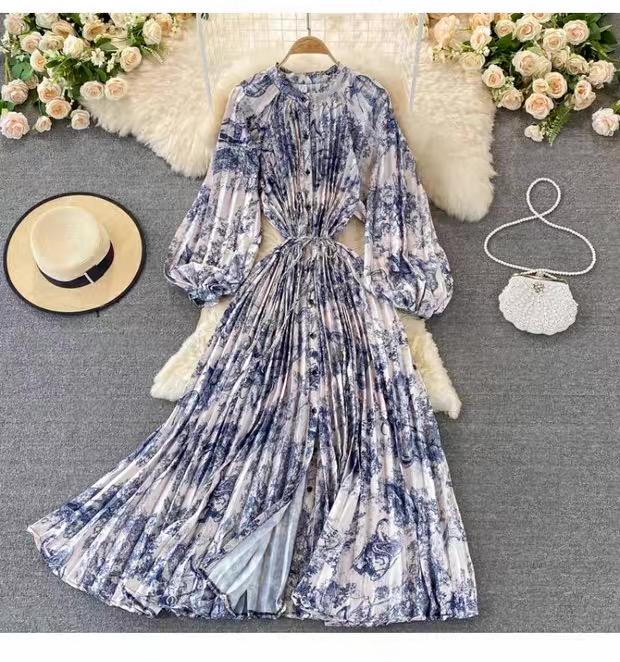 Americké šik Maxi šaty pro ženy Potištěný O výstřih s lucernovým rukávem Dámské Vestidos De Mujer Šaty se šněrováním do A