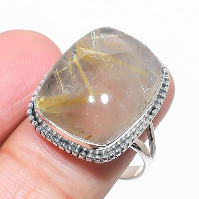 Natural Golden Rutile Gemstone Handmade 925 Solid Silver Jewelry Ring S.9.5 T7i88