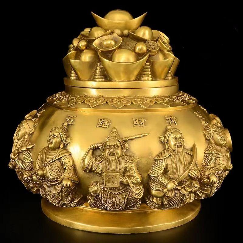 Chinesische Schatztopf-Ornamente aus reinem Kupfer, Fünf-Wege-Gott des Reichtums, Schatztopf Zhaocai, Dekorationen für Zuhause, Wohnzimmer, Büro, Geschäft