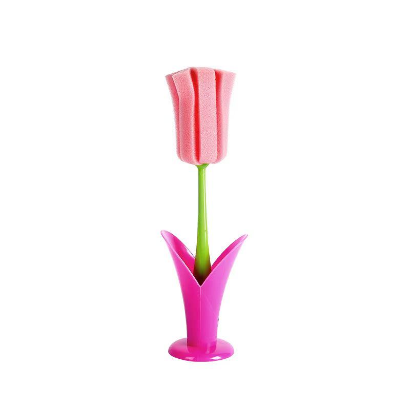 Tulip Cup Sponge Brush: Creative Cleaning Tool with Detachable, Thickened Bristles and Long Handle for Household Use. розовый