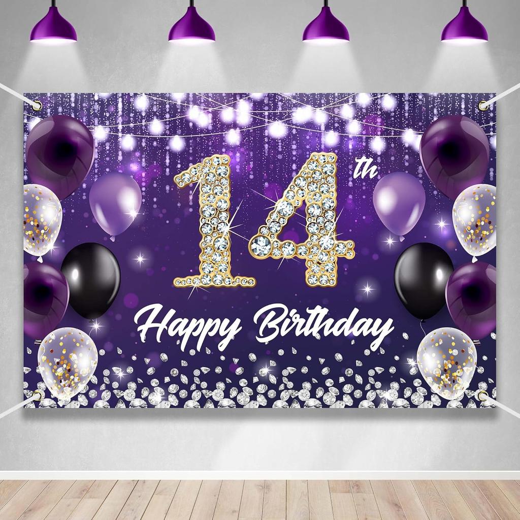 Happy 60th Birthday Backdrop Banner Purple Theme Background with Shiny Diamond Noble Elegant Birthday Party Photo Photography Prop Booth Background