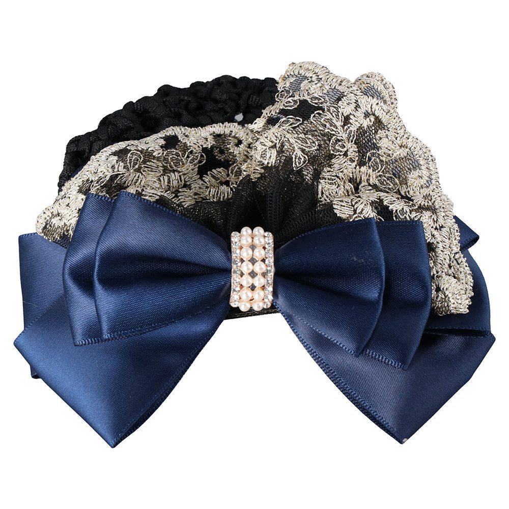 Fashion Satin Pearl Barrette Professional Lady Floral Lace Hair Clip Bow Hair Net Hairgrips Lace Bow синий