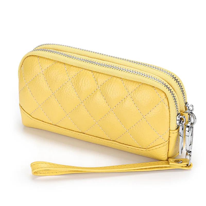 Double Zipper Clutch Bag for Women Genuine Leather Coin Pocket Money Purse Women's Clutches Female Clutch Purse with Wrist Strap