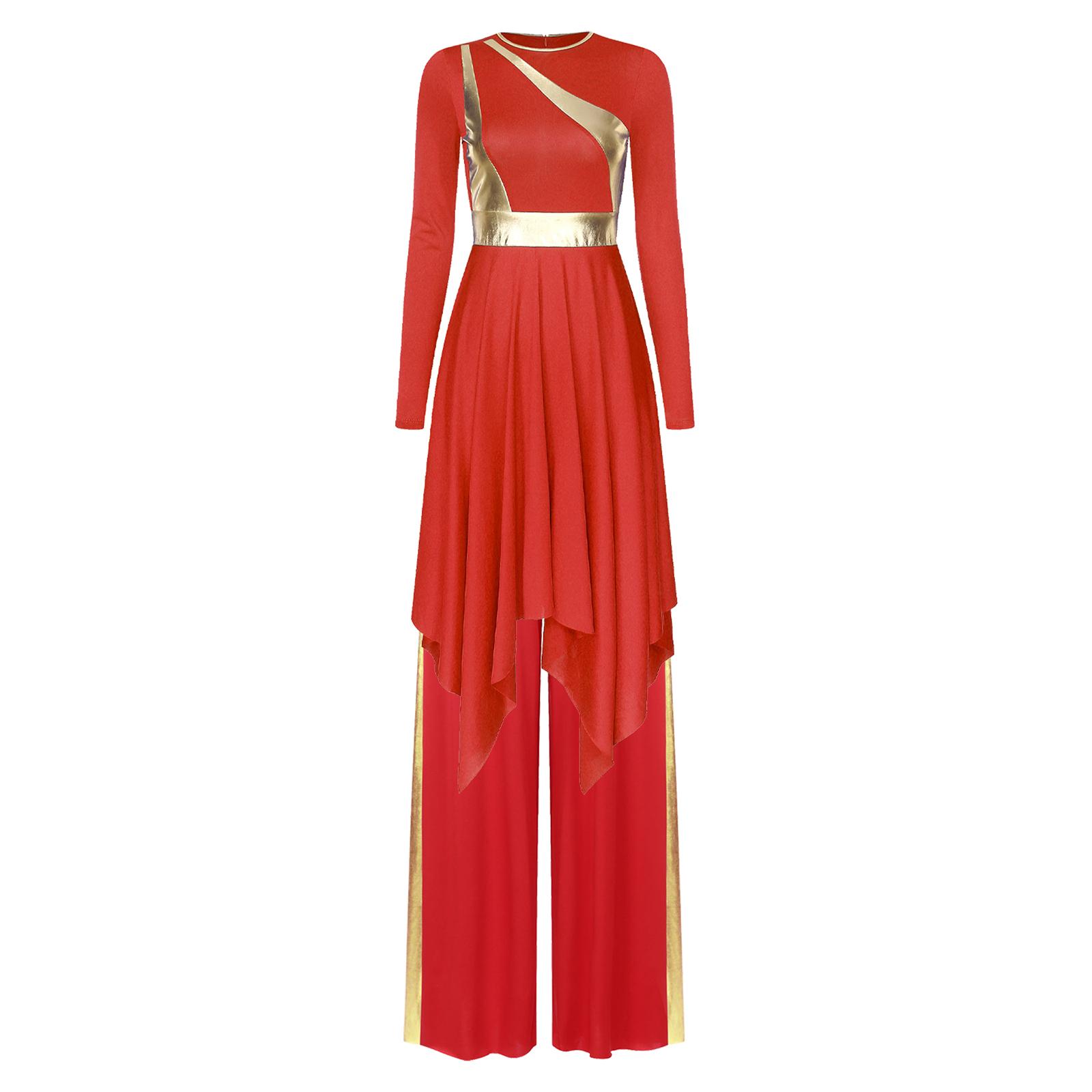 

Жіночий літургійний танцювальний комплект Круглий виріз Довгий рукав Металізований Блискучий Печворк Асиметрична сукня Штани-кюлоти S червоний