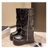 Platform Wedges Women Shoes Retro Motorcycle Boots Round Toe Belt Buckle Zipper High-heeled Fashion Pleated Knee High Long Boots