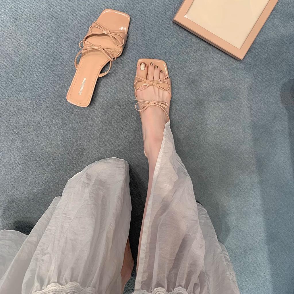 Height Increase.cm~ Temperament Square Head Bow with Summer Outer Wear Sandals Women