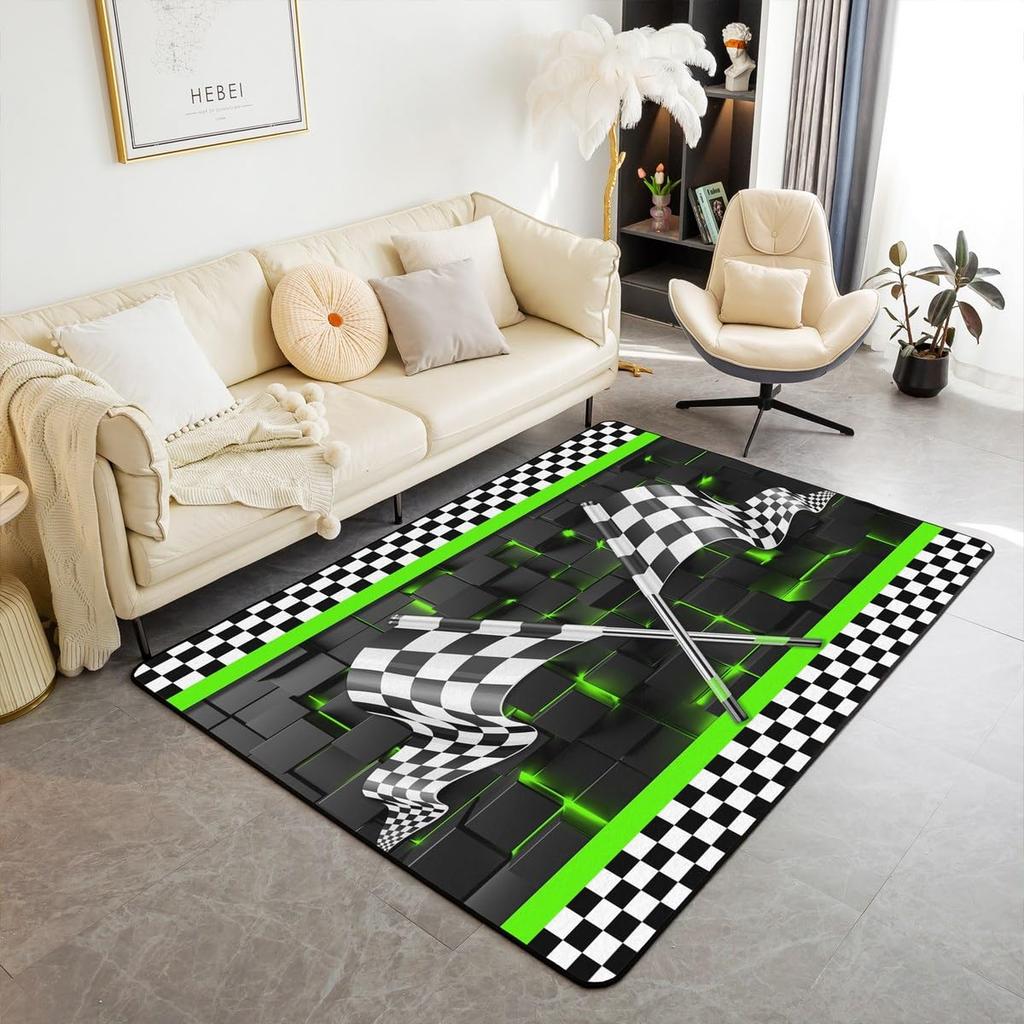 Erosebridal Racing Flag Non Slip Rug 3x5 for Boys Men,Race Car Theme Area Rug,Yellow Glowing Checkered Indoor Floor Mat,Black White Plaid Gr