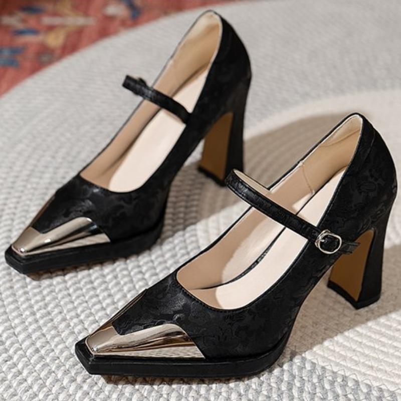 Fashion Autumn New Single Shoes Women Fashion Pointed Shallow Mouth Metal Head Line with Temperament Chunky Heels