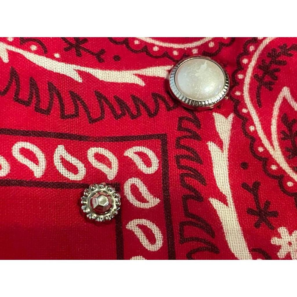Used 80s USA-made bandana, red, paisley, with concho and studs, made in America