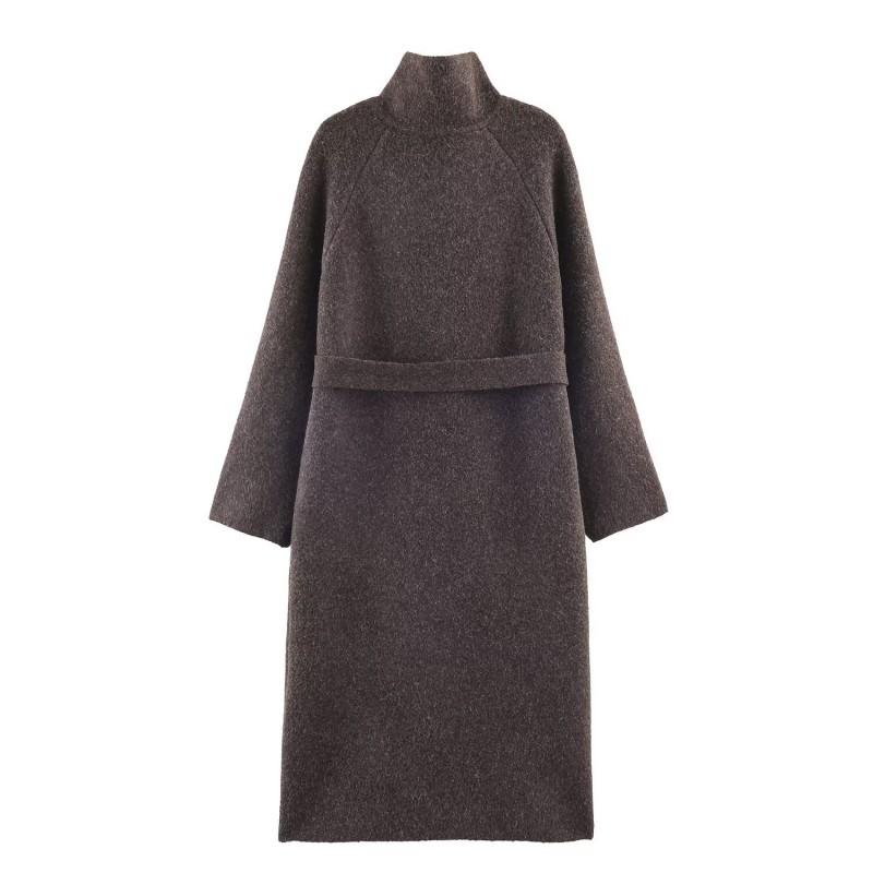 Womens Winter Long Wool-Blend Coat With Belt Stand Collar Oversized Fit Korean Casual Style