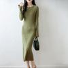 Women's 100% Pure Wool Bell Sleeve Knit Dress - Knee-Length, Slim Fit, Round Neck, Autumn Winter Collection