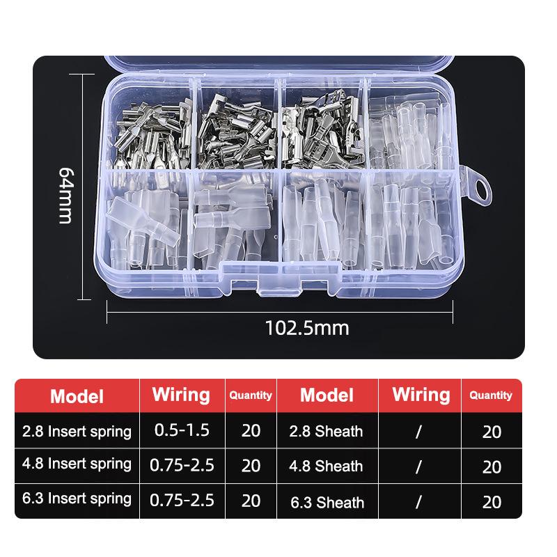 Złącza płaskie 2,8 mm 4,8 mm 6,3 mm, Złącza szybkozłączki męskie i żeńskie, Zestaw asortymentowy w pudełku z osłoną PVC