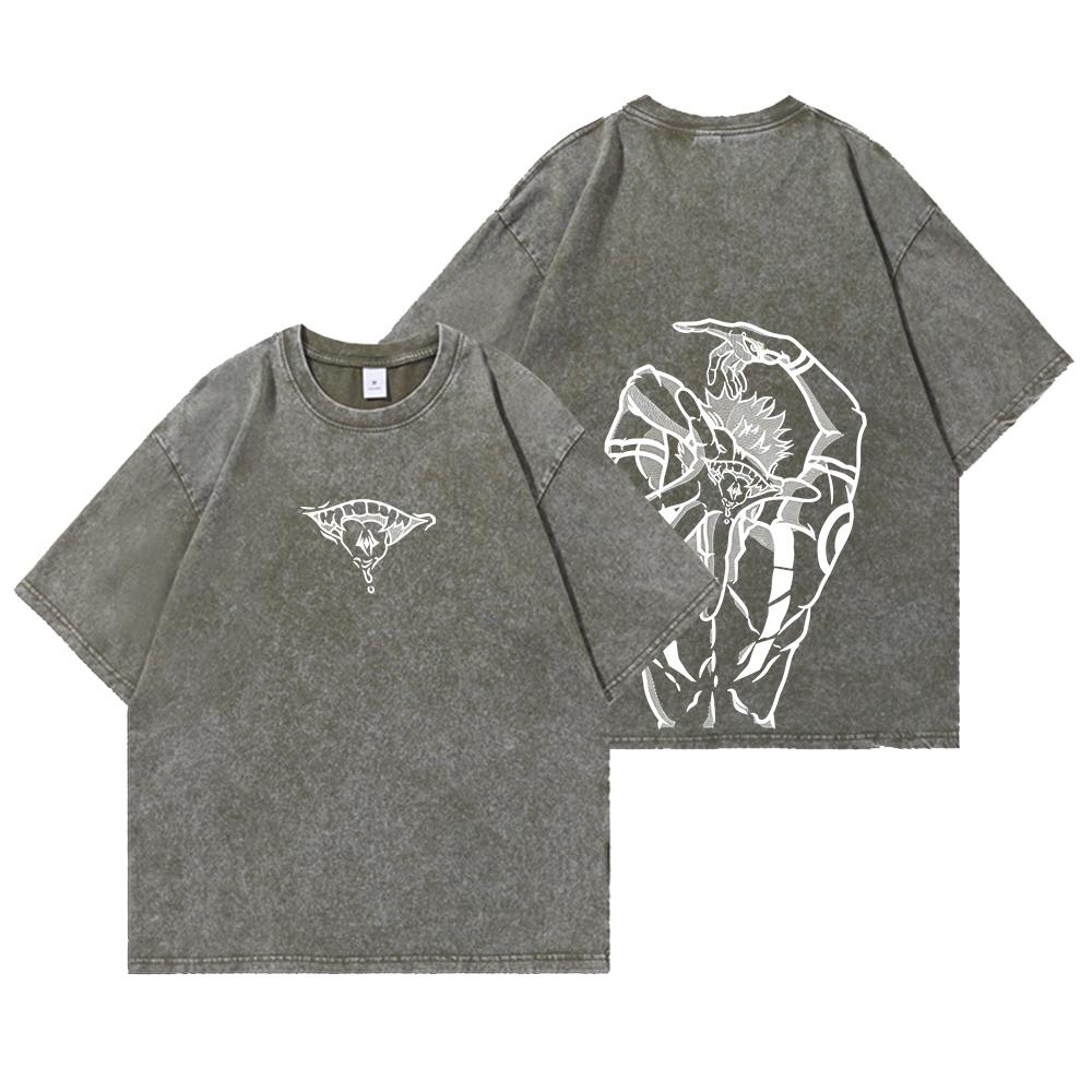 Anime Printed Streetwear Vintage Washed T-shirt Men Harajuku Manga Graphic Print Gojo Acid Wash Tops Tee Shirt Oversized