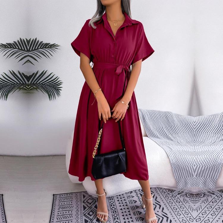 New Summer Women Casual Loose Lapel Neck Button Dress Shirt Skirt Solid Color Lace Up
