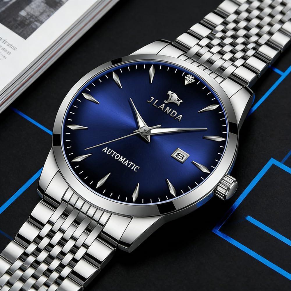 Automatic Self-Wind Men's Watch Luxury Business Dress Watches with Date Display Steel Bracelet Waterproof Luminous Hands